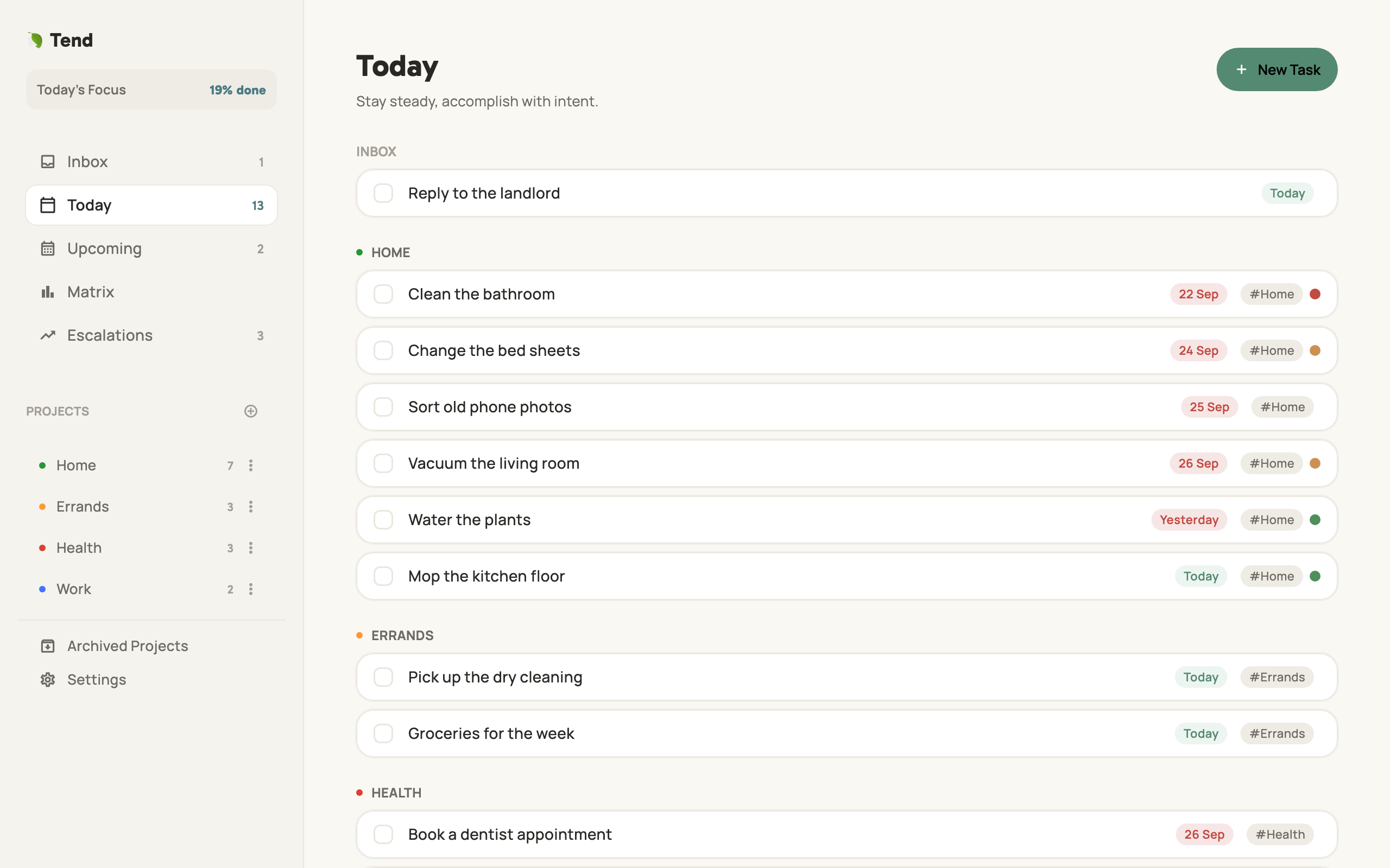 Tend's Today page: tasks grouped by project, each with its due date and project tag, and coloured dots on chores that are escalating.